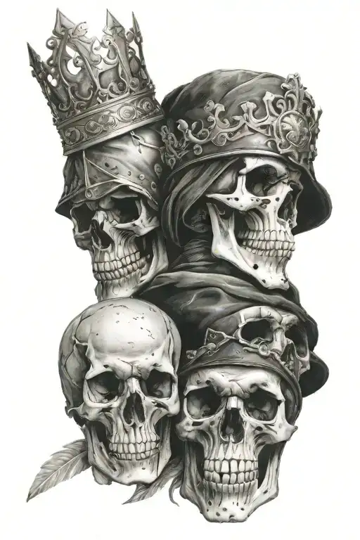 A Skull with a hood, a skull with a warrior helmet and a skull with a crown, one on the top of the other tattoo design idea