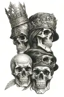 A Skull with a hood, a skull with a warrior helmet and a skull with a crown, one on the top of the other tattoo design idea