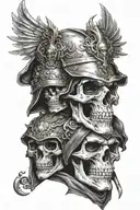 A Skull with a hood, a skull with a warrior helmet and a skull with a crown, one on the top of the other tattoo design idea