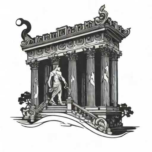 zeus tatto with olympian temple and a man walking innthe stairs tattoo design idea