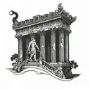 zeus tatto with olympian temple and a man walking innthe stairs tattoo design idea