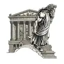 zeus tatto with olympian temple and a man walking innthe stairs tattoo design idea