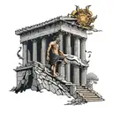 zeus tatto with olympian temple and a man walking innthe stairs tattoo design idea