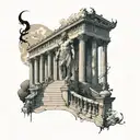 zeus tatto with olympian temple and a man walking innthe stairs tattoo design idea