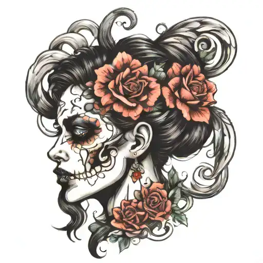 half face woman half skull tattoo design idea