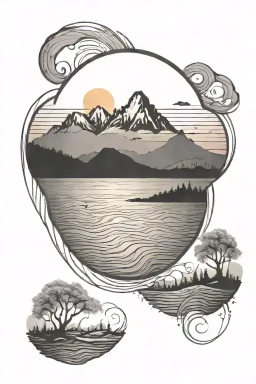 nature, sunrise, sunset, ripples, water, mountains tattoo design idea