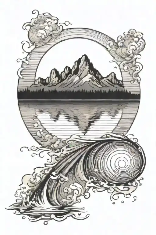 nature, sunrise, sunset, ripples, water, mountains tattoo design idea