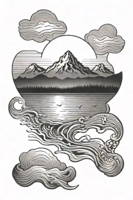 nature, sunrise, sunset, ripples, water, mountains tattoo design idea