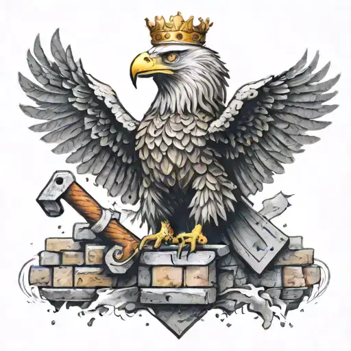a flying eagle holding a hammer and wearing a crown made of bricks tattoo design idea