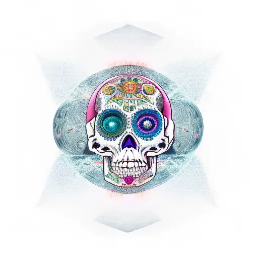 mujer mitad calavera con fondo universo, el kybalion, espiritual tattoo design idea