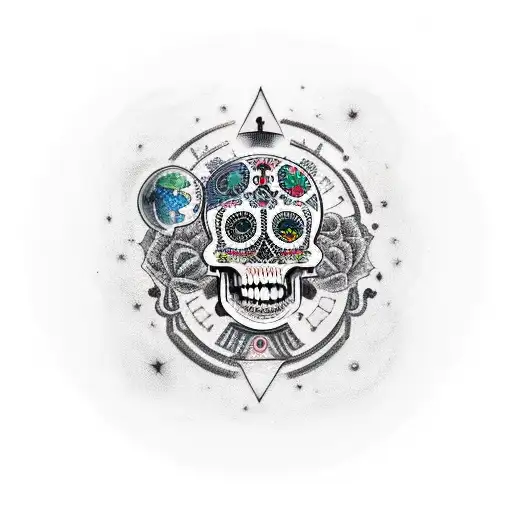mujer mitad calavera con fondo universo, el kybalion, espiritual tattoo design idea