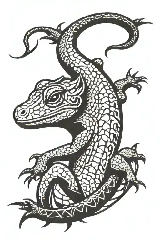 Linear tattoo, very simple, of a lizard seen from above, tribal style, tattoo style, black ink tattoo design idea