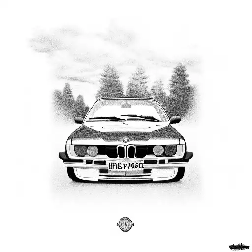 a simple black and white cartoon featuring a classic BMW E30 with its iconic round headlights and a distinctive grille w tattoo design idea