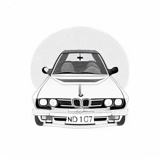 a simple black and white cartoon featuring a classic BMW E30 with its iconic round headlights and a distinctive grille w tattoo design idea