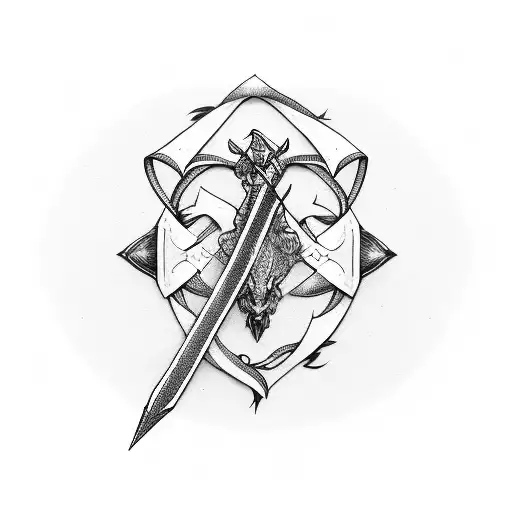 Generate an image of a bow with two bull horns that shoots an arrow containing a para-commando dagger tattoo design idea
