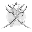 Generate an image of a bow with two bull horns that shoots an arrow containing a para-commando dagger tattoo design idea