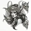 hecate goddess with masks tattoo design idea