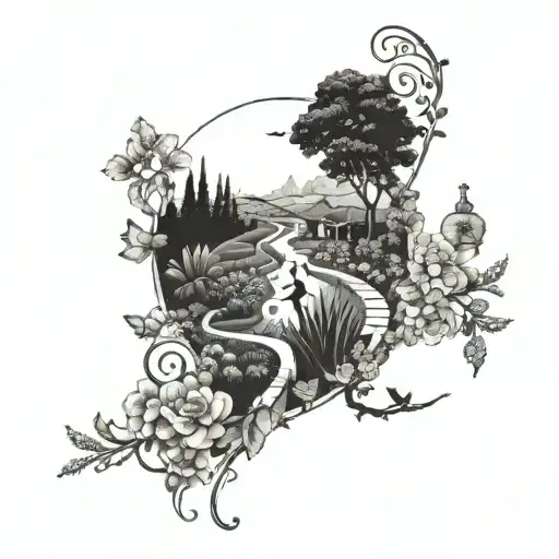 A surreal landscape tattoo featuring a marathon runner running through a garden filled with exotic plants and flowers, with winding roads leading into the distance tattoo design idea