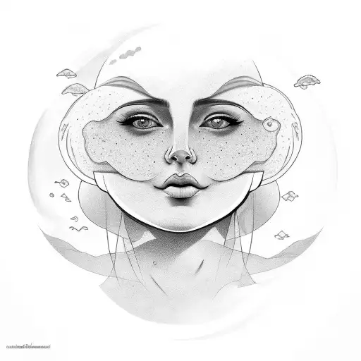 face of a woman with a half smile, part of the head is clouds and cosmos  tattoo design idea