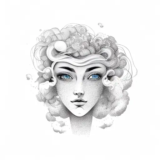 face of a beautiful woman with a half smile, part of the head is clouds and cosmos, hair blown by the wind  tattoo design idea