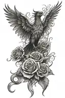 Phoenix rising up from the ashes with roses with the writing "she looked into my darkness and saw my light." tattoo design idea