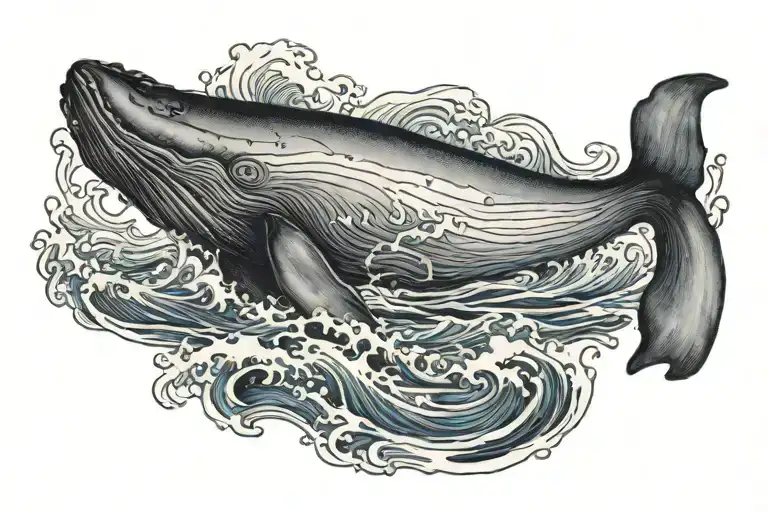 A tattoo picture of whale in the midle of the wave in rectangle and write this too shall pass tattoo design idea