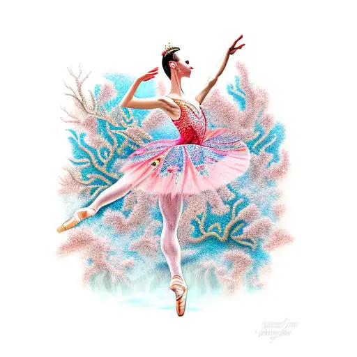 A graceful ballerina dancing underwater surrounded by colorful coral tattoo design idea