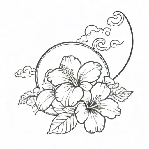 crescent moon with hibiscus flower and clouds surrounding tattoo design idea