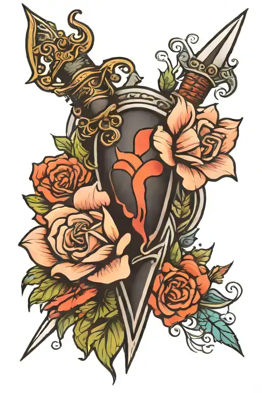 dagger heart flowers tattoo design idea