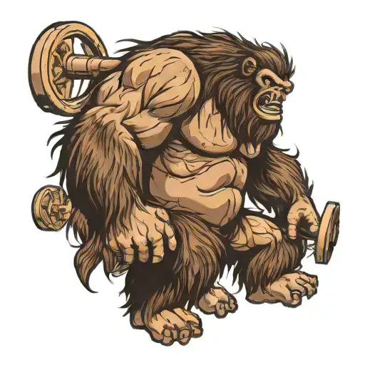 A tattoo design of a sasquatch doing a powerlifting exercise, with the names Warren and Elaine incorporated in the design tattoo design idea