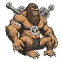 A tattoo design of a sasquatch doing a powerlifting exercise, with the names Warren and Elaine incorporated in the design tattoo design idea