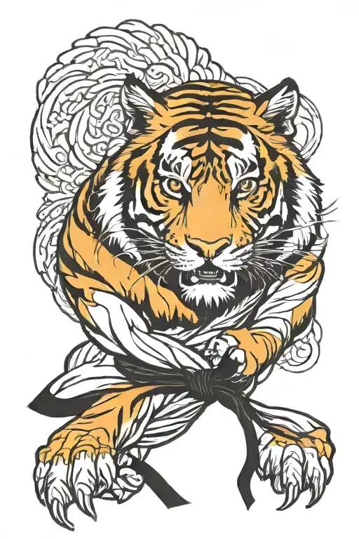 karate black belt wrapped with tiger head and shadows in the background tattoo design idea