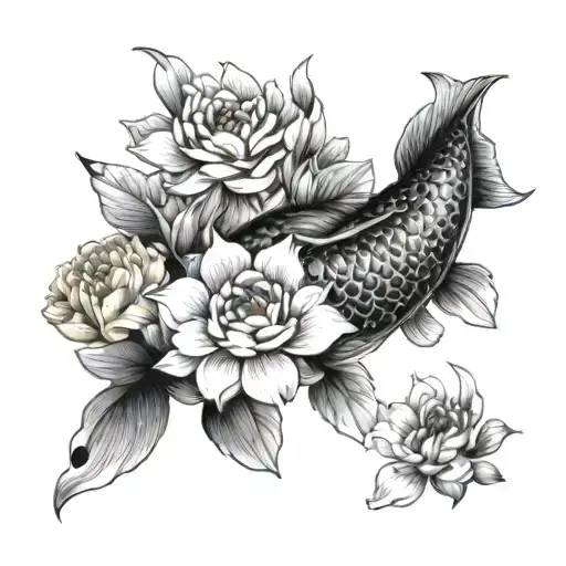 black koi fish swimming upstream surrounded by flowers femininity  tattoo design idea