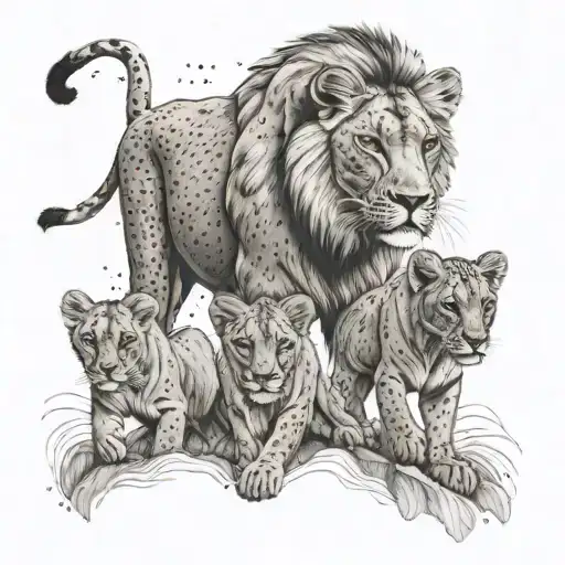 A lioness leading her cubs through a challenging terrain, representing the journey of perseverance and resilience in providing for a family tattoo design idea