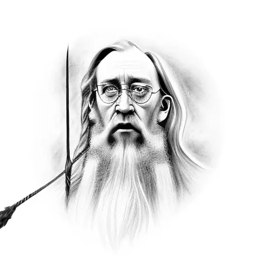 A realistic portrait of Dumbledore holding the Elder Wand tattoo design idea