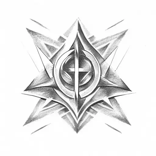 A minimalist design of the Deathly Hallows symbol with dotwork shading tattoo design idea