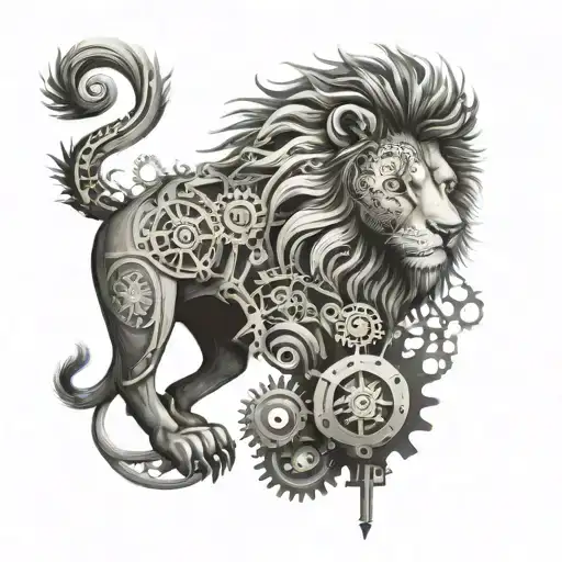 A mechanical lion with gears and cogs, symbolizing engineering tattoo design idea