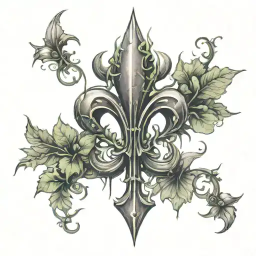 moss and vines covering fleur-de-lis post-apocalyptic  tattoo design idea