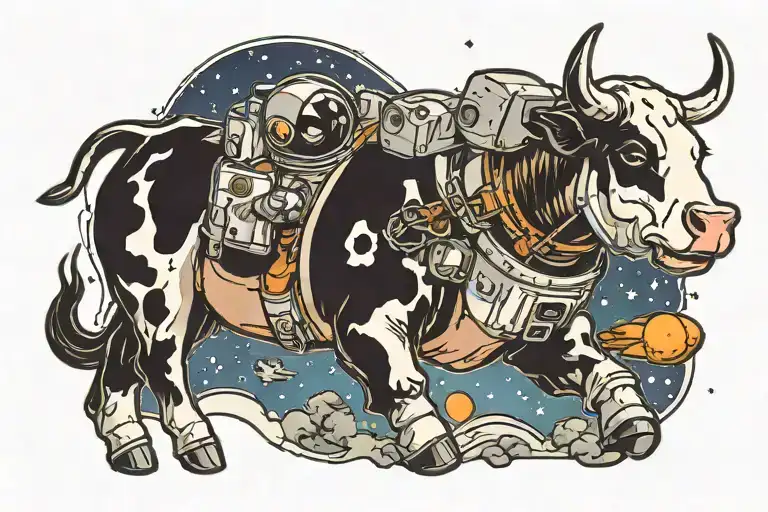 Astronaut cow and rocket ship tattoo design idea