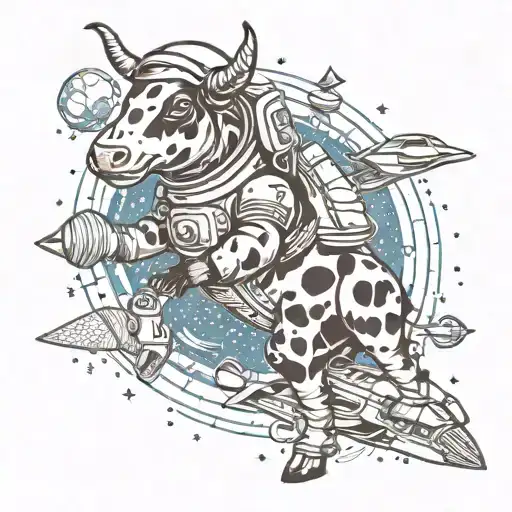 astronaut cow and rocket ship and space surrounded tattoo design idea