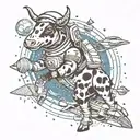 astronaut cow and rocket ship and space surrounded tattoo design idea