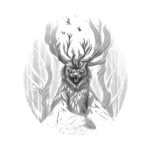a creature like a leshen kneeling in the wood surraunded by a bear and a wolf with crows flying and a tawny owl tattoo design idea