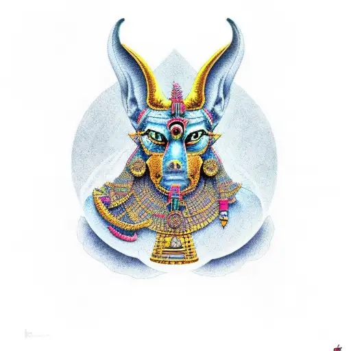 anubis with scales of judgement, trash polka style  tattoo design idea