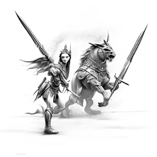 An epic battle scene between mythical creatures and soldiers tattoo design idea