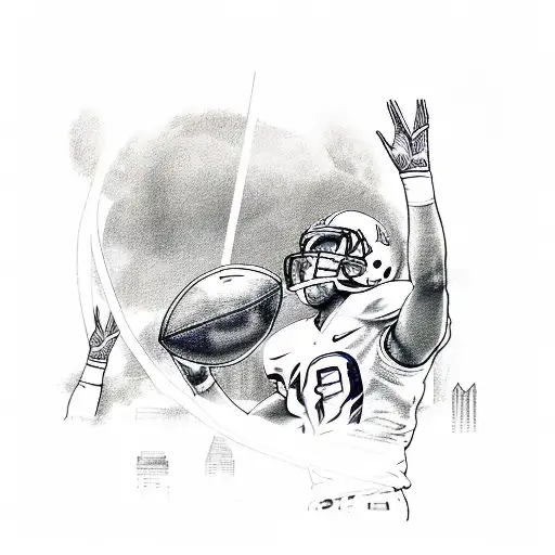 A detailed sketch of a football player in action, surrounded by the Atlanta skyline tattoo design idea