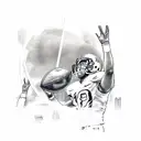A detailed sketch of a football player in action, surrounded by the Atlanta skyline tattoo design idea