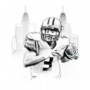 A detailed sketch of a football player in action, surrounded by the Atlanta skyline tattoo design idea