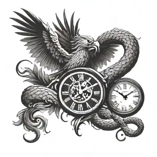 A tattoo design featuring a combination of phoenix fighting a snake in front of a clock tattoo design idea
