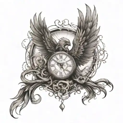 A tattoo design of the phoenix rising from the ashes, intertwined with snakes and a clock symbolizing the passage of time tattoo design idea