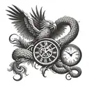 A tattoo design featuring a combination of phoenix fighting a snake in front of a clock tattoo design idea